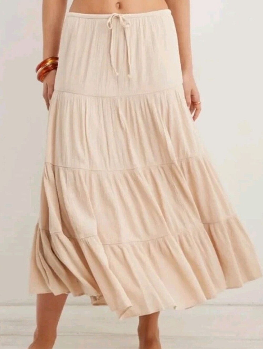Aerie Beach Club Tiered Peasant Maxi Skirt M Natural Beige Boho NEW